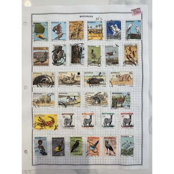 Other - Botswana Used Postage Stamps Lot Birds & Wildlife Handstamped Multicolor